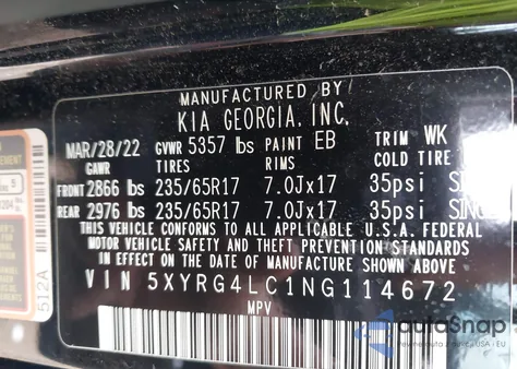 2022 Kia Sorento Lx из США, поврежденный, VIN 5XYRG4LC1NG114672